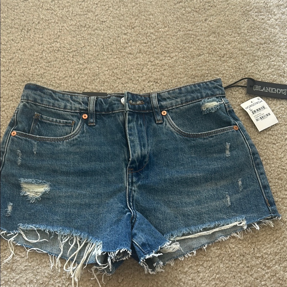 Blank NYC Women's Frayed Hem Jean Shorts - Dark Blue Size 26